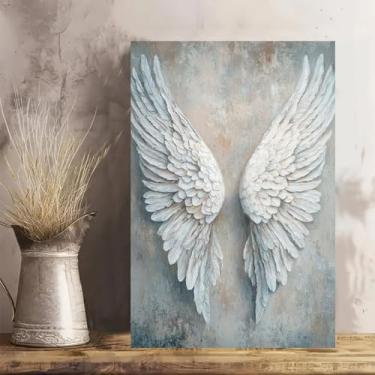 Imagem de Arte de parede em tela rústica vintage com asas de anjo na parede texturizada - Pôster sem moldura de 30 x 45 cm - Ideia de presente para decoração de casa e escritório para sala de estar, quarto