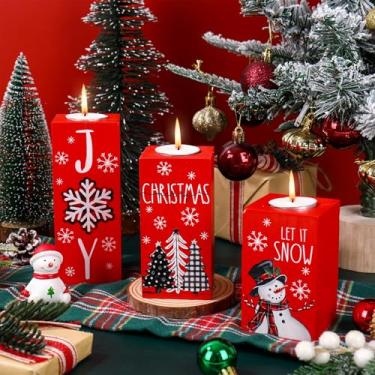 Imagem de FYSUIMU 3 peças de castiçais de madeira de Natal com 12 velas de luz de chá vermelho preto xadrez de Natal suporte de vela de madeira tealight para mesa de férias centros de mesa de centro de mesa em