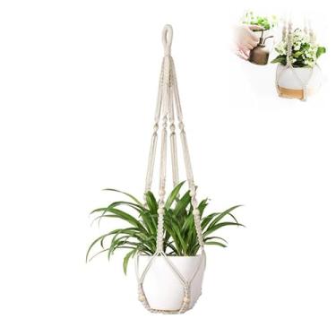 Imagem de Cabide de macramê feito à mão em estilo boêmio para uso interno/externo com contas de madeira, sem borlas, adequado para várias decorações de casa, marfim, peça única, comprimento aprox. 90 cm (vasos