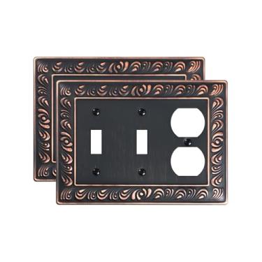 Imagem de TREEWELL Pacote com 2 capas para tomadas duplas e duplas duplas, padrão paisley, placas decorativas para interruptores e tampas de tomada, 4 placas de parede de metal bronze envelhecido, resistente à