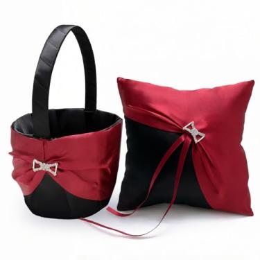 Imagem de COSLANLEE Conjunto de travesseiro com cestas de florista e porta-anéis, cestas Fariy com strass de pérola, renda de cetim para meninas de flores, travesseiro de anel para decoração de festa de