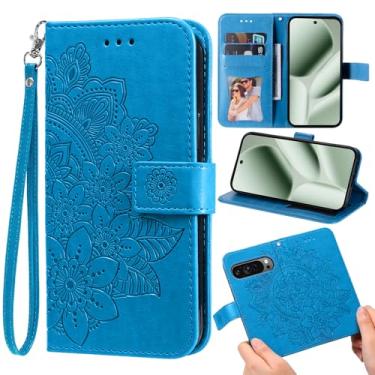 Imagem de Furill Capa carteira compatível com Google Pixel 9 Pro XL/10 Pro XL e protetor de pulso flor couro flip porta-cartões com suporte para celular para Pixel9 9Pro Nine Pixel10 10Pro LX meninas azul
