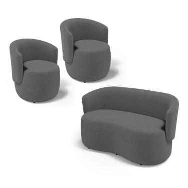 Imagem de Kit 2 Poltronas E 1 Namoradeira Aisha Orgânica Bouclê Cinza Escuro - Abmaza