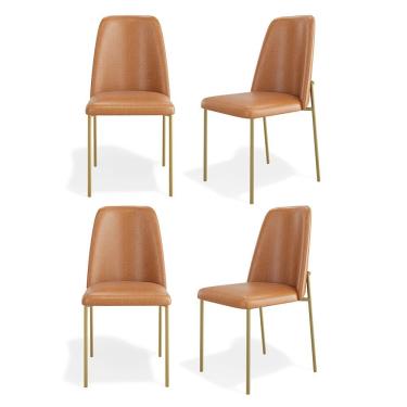 Imagem de Kit 04 Cadeiras Sala De Jantar Lior Encosto Estofado Base Dourada Couríssimo Whisky - Abmaza