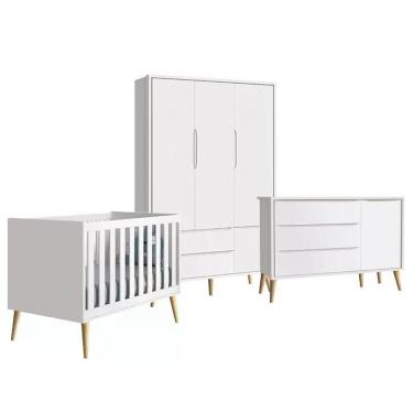 Imagem de Quarto Infantil Theo 3 Portas Branco Fosco Com Pés Madeira Natural - Reller Móveis Branco Fosco