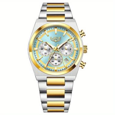 Imagem de Relógio Esportivo Masculino Quartzo Multifuncional Sofisticado Em Aço Inoxidavél 3atm Azul Claro