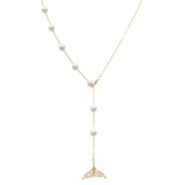 Imagem de S925 Colar de pérola prata com pingente de cauda de sereia, corrente de ouro ajustável em forma de Y, 19,7 polegadas com pérola de concha, joias femininas elegantes