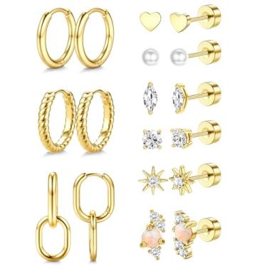 Imagem de YADOCA Brincos femininos hipoalergênicos de 20 g com costas planas banhados a ouro 18 k para cartilagem de aço cirúrgico, conjuntos de brincos de argola para vários piercings pequenos para mulheres
