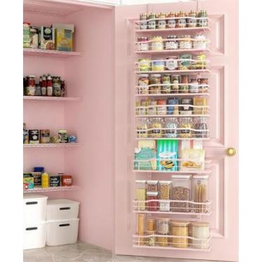 Imagem de Moforoco Organizador de despensa rosa de 9 camadas sobre a porta, organização e armazenamento de despensa, cesta preta pendurada na parede, prateleiras de tempero