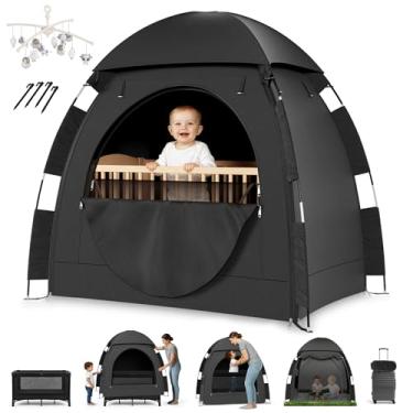 Imagem de YoungMinds Barraca blecaute para berço – cápsula de dormir à prova d'água para viagem e brincar, tecido de seda de leite, tenda de rede mosquiteira infantil preta com suporte de brinquedo, blocos de