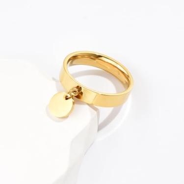 Imagem de Anel minimalista com pingente redondo para mulheres, hipoalergênico, de aço inoxidável, não mancha, 7#, Banhado a ouro 14K, Sem pedra preciosa
