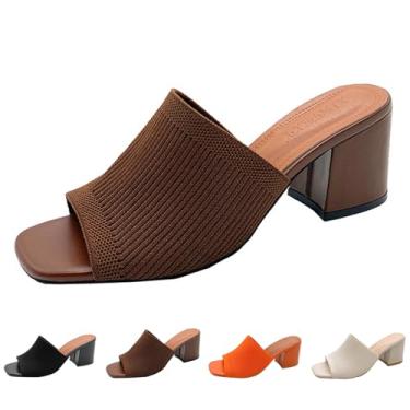 Imagem de OXNEUHG Sandália feminina de malha peep toe salto grosso, moderno, bico aberto, sem cadarço, salto bloco, mules, verão, casual, respirável, sandália deslizante, Marrom, 36