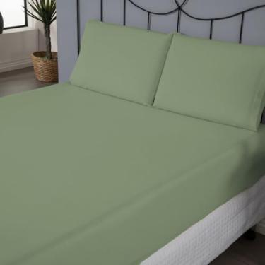 Imagem de Jogo de Lençol Casal Padrão, Percal 180 Fios, 3 Peças, Algodão e Poliéster, com Elástico, 188x138x30cm, 2 Fronhas 70x50cm (Verde Cana)