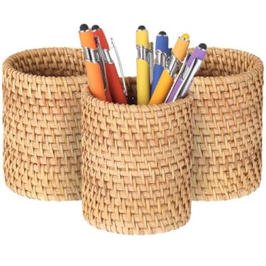 Imagem de Varku 3 porta-lápis de vime, suporte de caneta natural, organizador de mesa de tecido para canetas, lápis, pincéis, ferramentas de maquiagem, copo de armazenamento multifuncional para casa, escritório