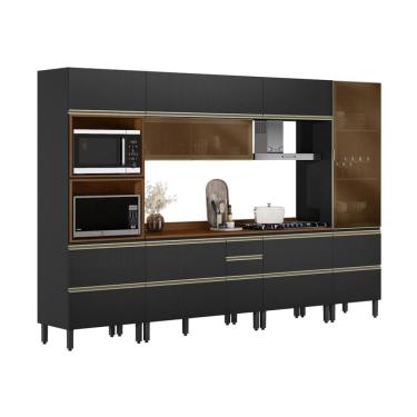 Imagem de Armário de Cozinha Compacta com 2 Vidros Reflecta Proença 8 Portas 8 Gavetas Carbono e Nogueira