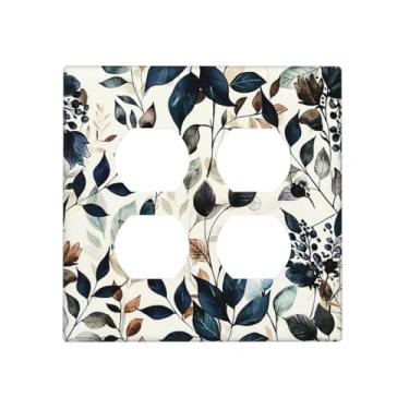Imagem de BHGAHD Capas de tomada decorativas com folhas de eucalipto salpicadas de tinta, design de placa de parede de 2 grupos, receptáculo duplo duplex, capa de interruptor de luz para quarto, decoração de