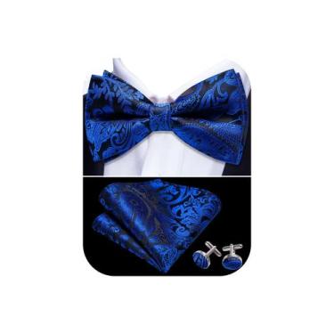 Imagem de Conjunto de gravata borboleta de seda floral preta Barry.Wang Blue
