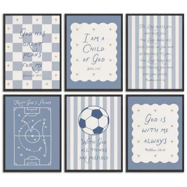 Imagem de 6 peças coloridas versículo bíblico tela arte de parede cristã educação bebê impressão infantil citação futebol americano decoração de parede fotos para quarto de crianças quarto sala de aula