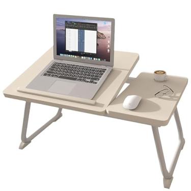 Imagem de Mesa de cama para laptop, mesas ajustáveis de madeira para cama, mesa portátil dobrável para laptop com suporte de copo embutido ou escrita, leitura, café da manhã, desenho e trabalho. (branco)