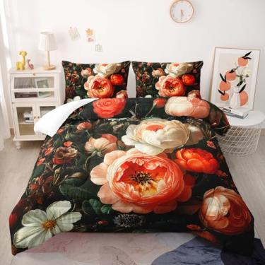 Imagem de Nttopship Jogo de cama de casal com flores coloridas, 3 peças, fofo, floral, para meninas e adolescentes, edredom de microfibra ultramacia com 3 peças, decoração de quarto floral