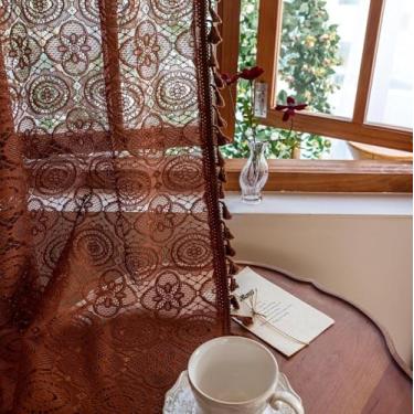 Imagem de Cortinas transparentes Boho 137,2 cm de comprimento para quarto, 2 painéis, francês, country, caramelo, marrom, crochê, vintage, curta, cozinha, painéis de cortina de renda, outono, inverno, decoração