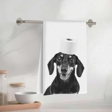 Imagem de Toalhas de cozinha divertidas de papel higiênico e dachshund 33 x 58 cm, toalha de prato decorativa de microfibra absorvente, toalhas de mão de waffle para cozinha, casa, banheiro, presentes para