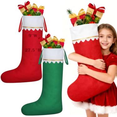 Imagem de 2 peças de meias de Natal grandes, meias de Natal de feltro jumbo de 79,5 cm A com ganchos duplos, meias de Natal vermelhas e verdes gigantes para pendurar em lareira de árvore de Natal, decoração de