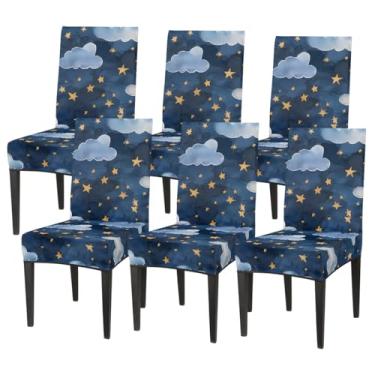 Imagem de hongjinglin Conjunto de 6 capas elásticas para cadeira de sala de jantar, capa protetora de assento de nuvem, estrela, galáxia, fofa, removível, lavável, para cozinha, casa, hotel, banquete, festa de