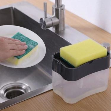 Imagem de Dispensador de sabão de cozinha de bancada com esponja - Dispensador de sabão para pia à prova de vazamento com suporte de esponja embutido para facilitar a lavagem da louça