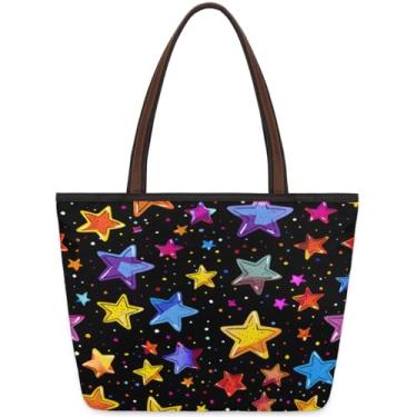 Imagem de hongjinglin Sacola grande para mulheres Star Colorful Cute Work Cloth Bags com zíper reutilizável mercearia bolsas de mão casual viagem pernoite tote bolsas adequadas para viagens, trabalho, férias
