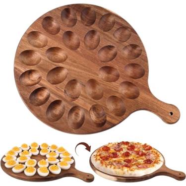 Imagem de Bandeja de Ovos Recheados Reversível Porta-Ovos Madeira com Múltiplos Buracos Prato Serviço Espessado Tabua Charcuterie Alça para Cozinha Festas Acampamentos Páscoa Armazenamento e