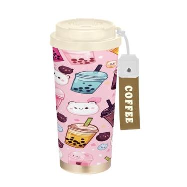 Imagem de Blueangle Caneca de café de viagem com isolamento Kawaii Bubble Tea - Copo de aço inoxidável à prova de derramamento e vazamento para acampamento e atividades ao ar livre, garrafa de água reutilizável