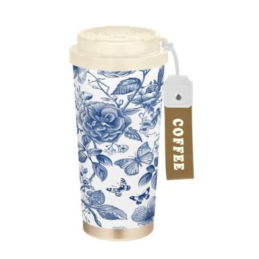 Imagem de SEHANY Caneca de viagem de pássaro de flor branca azul 482 g Copos de café reutilizáveis revestidos de cerâmica com tampa à prova de vazamento, parede dupla, isolamento a vácuo, copo de café de aço