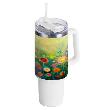 Imagem de xigua Copo vintage de flores silvestres de 1,134 g com alça e canudo, aço inoxidável duplo isolado a vácuo garrafa de água suporte de copo de garrafa de água amigável à prova de vazamento copo de