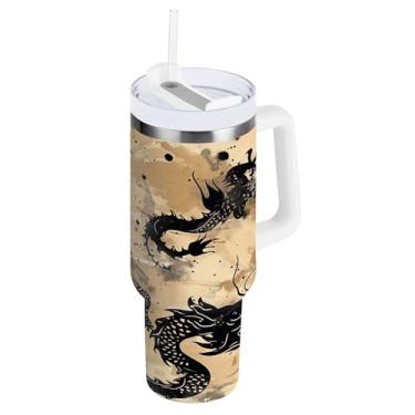 Imagem de xigua Copo vintage com estampa de dragão de 850 g com tampa e canudo, aço inoxidável de vácuo duplo isolado garrafa de água esportiva suporte para copo de café de viagem à prova de vazamento para