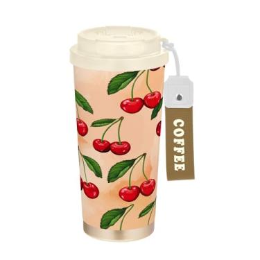 Imagem de SEHANY Caneca de viagem de cereja fofa de 482 g Copos de café reutilizáveis revestidos de cerâmica com tampa à prova de vazamento, parede dupla, isolamento a vácuo, copo de café de aço inoxidável para
