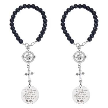 Imagem de DICOSMETIC 2 peças de rosário cruzado de bússola para carro, rosário, espelho retrovisor, contas de resina preta, rosário para carro, acessórios de pendurar cristãos para decoração de espelho de
