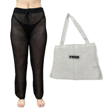 Imagem de Kit Calça Pantalona Tricot Feminina com Bolsa Sacola de Praia Crochê -