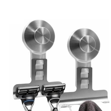 Imagem de Tyothimm Suporte de lâmina com ventosa para chuveiro, reutilizável de aço inoxidável 304, ganchos de lâmina para toalha, bucha, barbeador, instalação sem perfuração e removível (pacote com 2