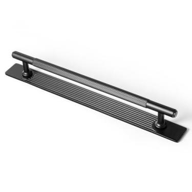 Imagem de Goo-Ki Puxadores de armário pretos foscos com placa traseira, ferragens de cozinha de liga de zinco - 7,56" (192 mm) c-c puxadores modernos de gaveta de barra preta com espaçador