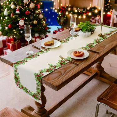 Imagem de Caminho de mesa de guirlanda de Natal, decoração de mesa de jantar de cozinha de inverno para decoração de festa de Natal em casa 33 x 187 centímetros