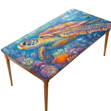 Imagem de Toalha de mesa retangular com borda elástica, toalha de mesa dobrável para piquenique ao ar livre com tartaruga do oceano de verão para mesas de 1,8 m, impermeável à prova de óleo, para cozinha
