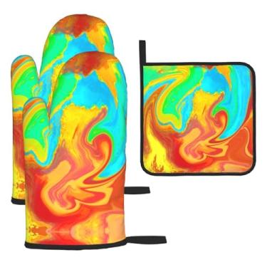 Imagem de Pintura líquida – Conjunto de cozinha essencial de 3 peças, luvas seguras para calor e aderência de tampa, proteção para churrasco no forno, design de armazenamento suspenso.