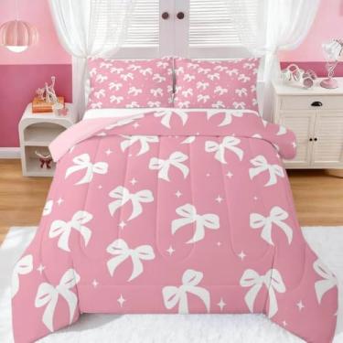 Imagem de Feelyou Conjunto de cama com laço rosa macio para meninos e meninas, conjunto de edredom com laço fofo, edredom de microfibra, kawaii, estilo princesa sonhadora, 3 peças com 2 fronhas