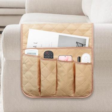 Imagem de AUVCAS Organizador de apoio de braço para sofá, suporte de controle remoto para poltrona, antiderrapante para cadeira reclinável, suporte de cabeceira com 5 bolsos para revistas de controle remoto de
