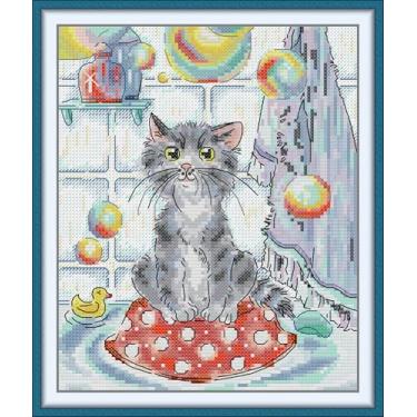 Imagem de CrossNest Kit de ponto cruz com contagem de animais de 14 quilates para iniciantes, conjunto completo de bordado DIY não impresso com padrão e ferramentas, pano Aida premium e fios (gatos e bolhas de