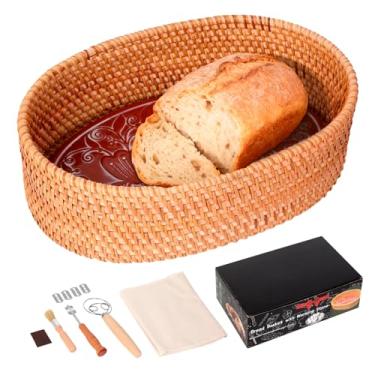 Imagem de Cesta de pão grande com pedra de aquecimento e pano - aquecedor de pão de terracota, cesta oval de pão de 32 x 21 cm com aquecedor - presentes para padeiro de casa de anfitriã de Natal - aquecedor de