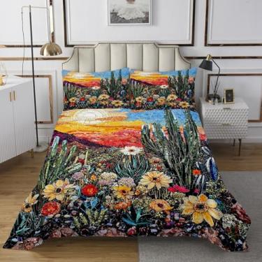 Imagem de Conjunto de colcha retrô ocidental, cacto rústico, plantas tropicais, 3 peças, conjunto de colcha de cama floral botânica rústica, colcha de cama estilo caubói com 2 fronhas (tamanho king)
