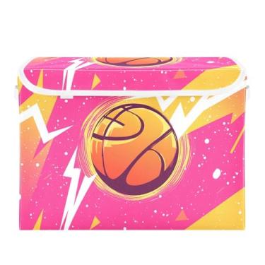 Imagem de STAYTOP Cesto de armazenamento dobrável de basquete de desenho animado com tampa, caixa de armazenamento decorativa, organizador de cubos, cestas de armazenamento para quarto, armário e sala de estar