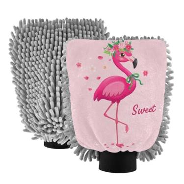 Imagem de STAYTOP Luvas de lavagem de carro flamingo lindas e misteriosas, 2 peças, luvas de microfibra de chenille, sem arranhões, panos de esponja de lavagem ultra absorventes para carros, limpeza doméstica